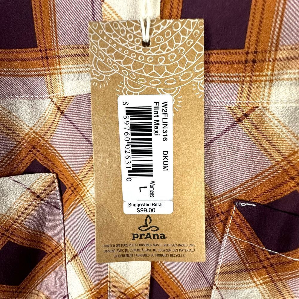 prAna Flint Maxi Shirt Plaid‎ Dark Umber Women's sz Large NWT Flowy Sheer Tunic - Picture 6 of 7